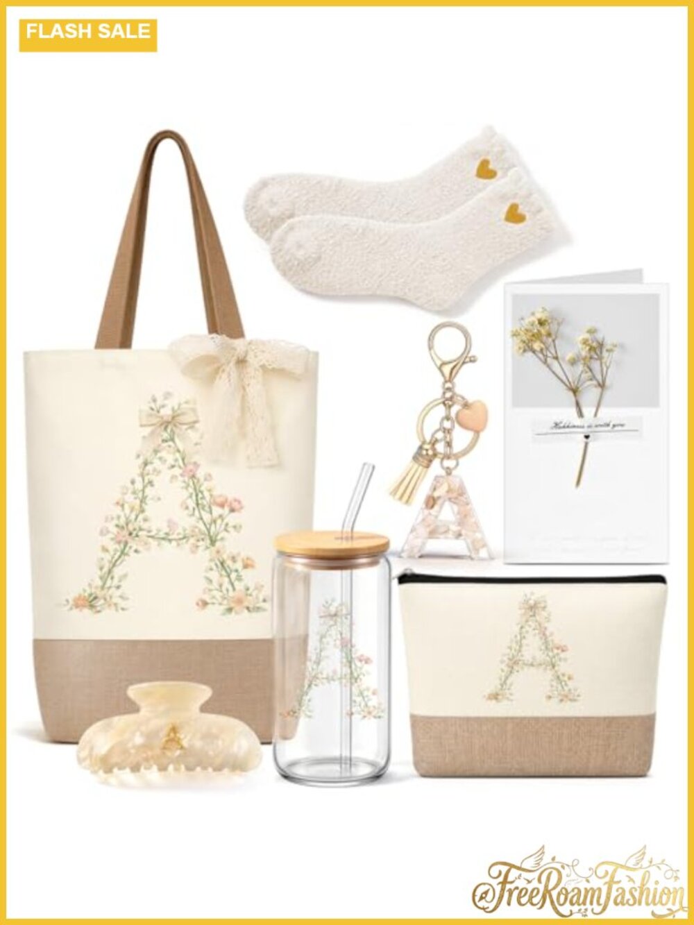 Jute Burlap Monogrammed Tote Bag Set with Glass Cup 8 Pc Gift for Her